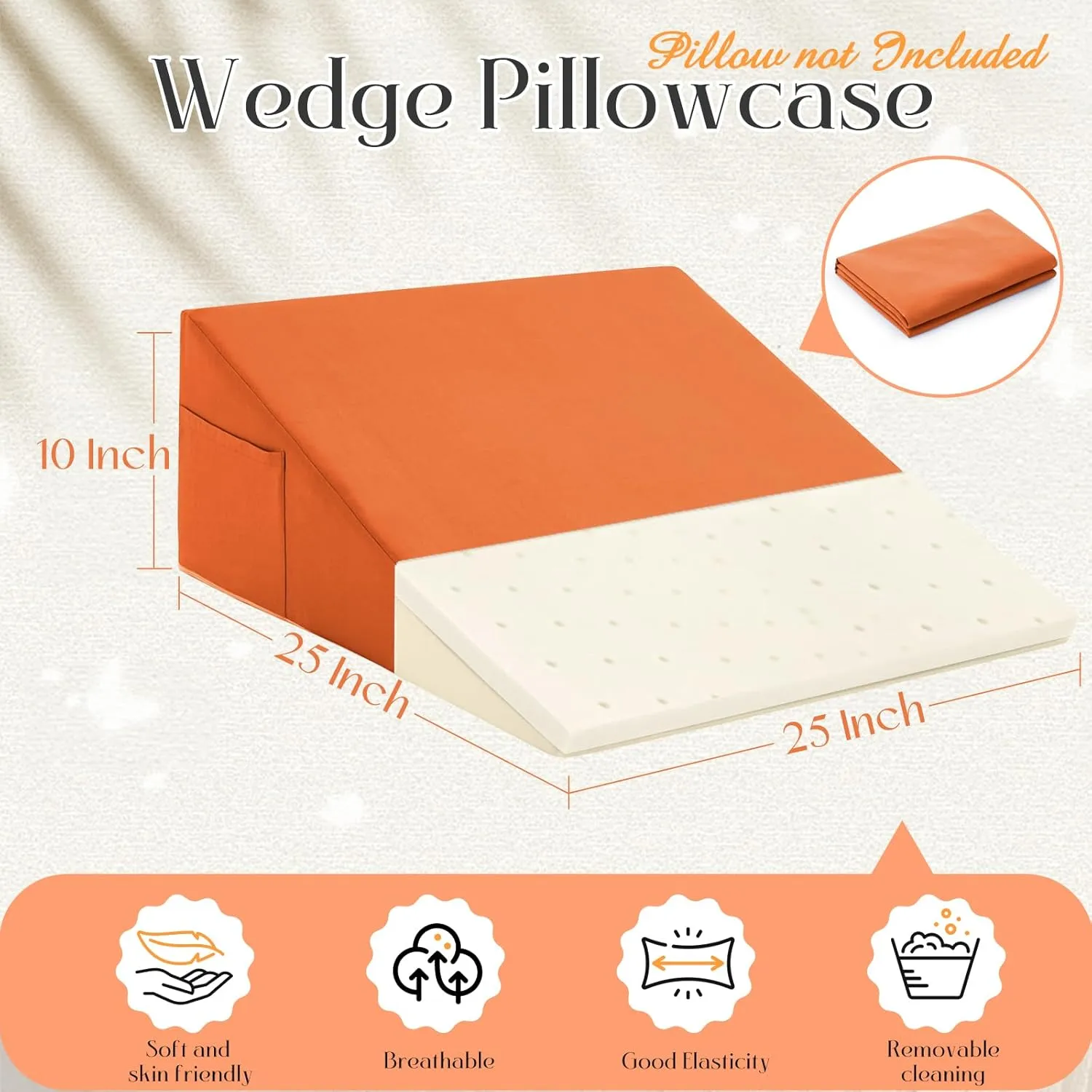 Horbaunal Burnt Orange Bed Wedge Pillow Cover with Zipper Design, Wedge Pillowcase Protector with Side Pocket for Storage, 25" L x 25" W x 10" H(Pillow Not Include)