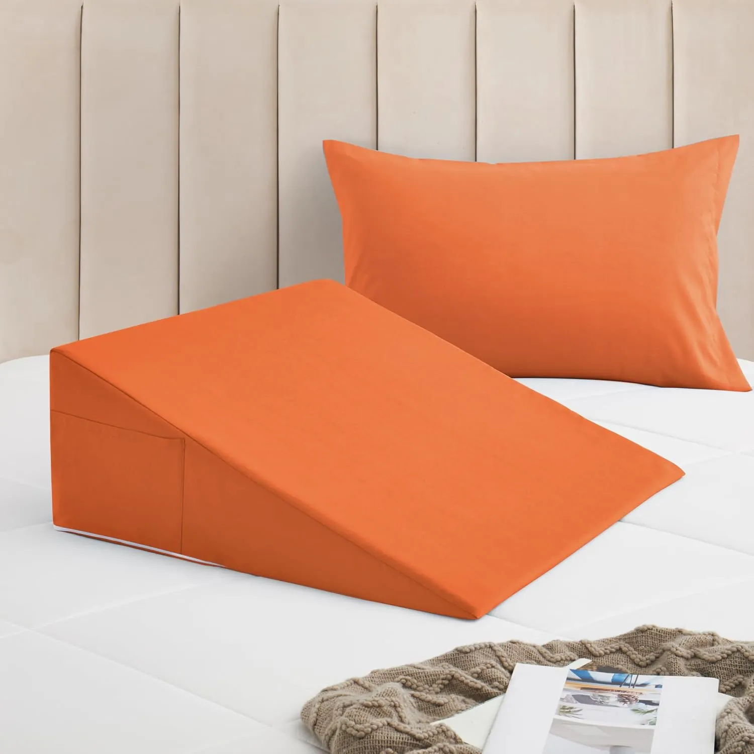 Horbaunal Burnt Orange Bed Wedge Pillow Cover with Zipper Design, Wedge Pillowcase Protector with Side Pocket for Storage, 25" L x 25" W x 10" H(Pillow Not Include)