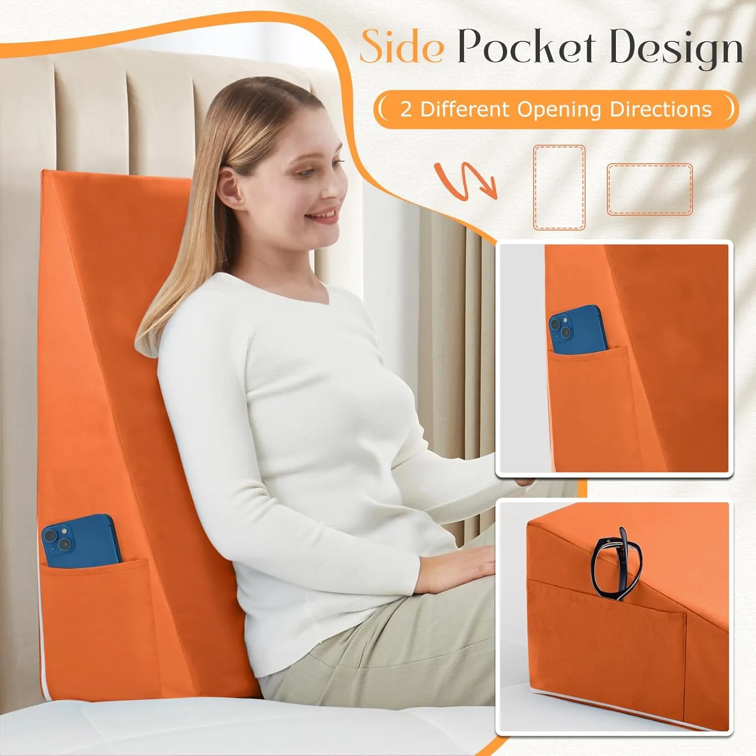 Horbaunal Burnt Orange Bed Wedge Pillow Cover with Zipper Design, Wedge Pillowcase Protector with Side Pocket for Storage, 25" L x 25" W x 10" H(Pillow Not Include)