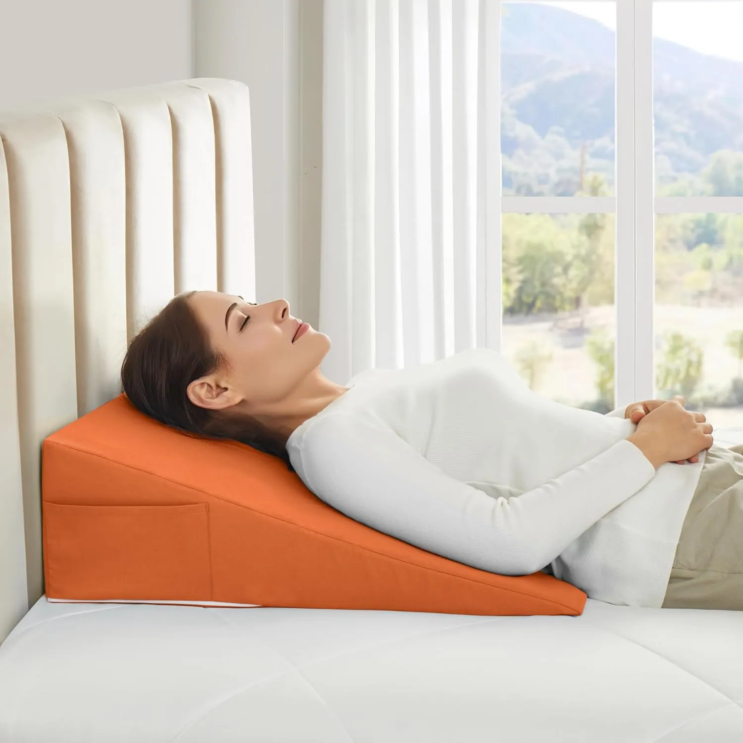Horbaunal Burnt Orange Bed Wedge Pillow Cover with Zipper Design, Wedge Pillowcase Protector with Side Pocket for Storage, 25" L x 25" W x 10" H(Pillow Not Include)