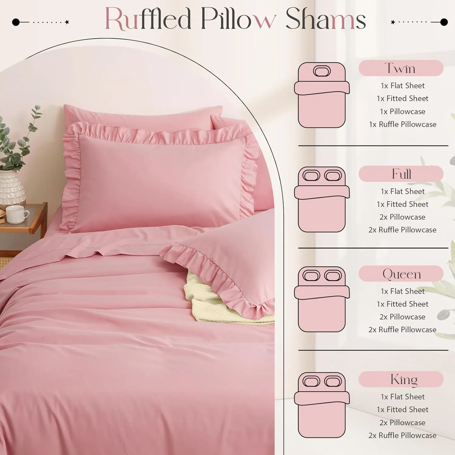 Horbaunal Dusty Pink Ruffle Sheets Full Size 6 Piece, Fits 16" Deep Mattress, Microfiber Pink Full Sheets with 2 Ruffled Pillowcases, Shabby Chic Bed Sheet Set