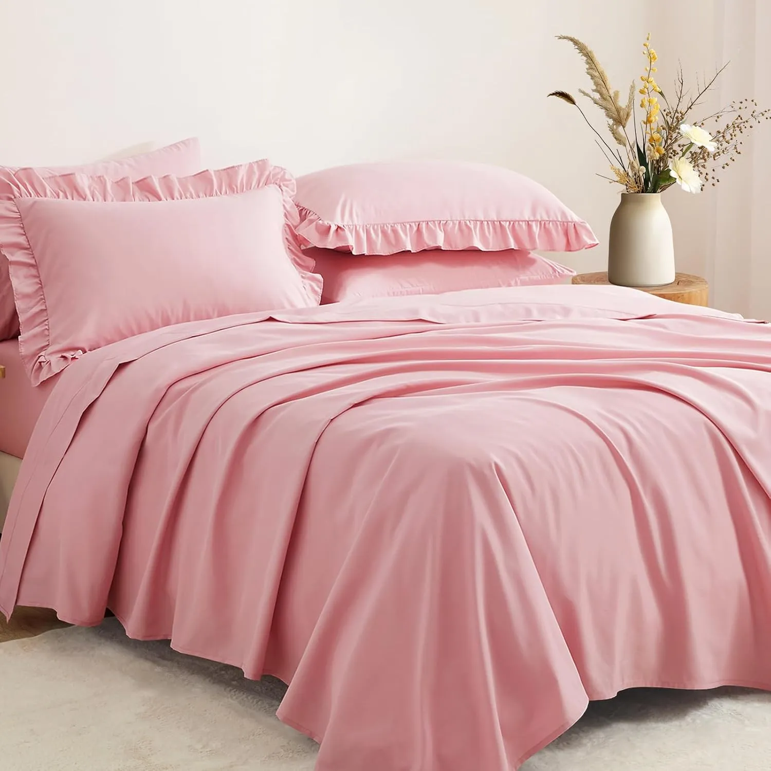Horbaunal Dusty Pink Ruffle Sheets Full Size 6 Piece, Fits 16" Deep Mattress, Microfiber Pink Full Sheets with 2 Ruffled Pillowcases, Shabby Chic Bed Sheet Set