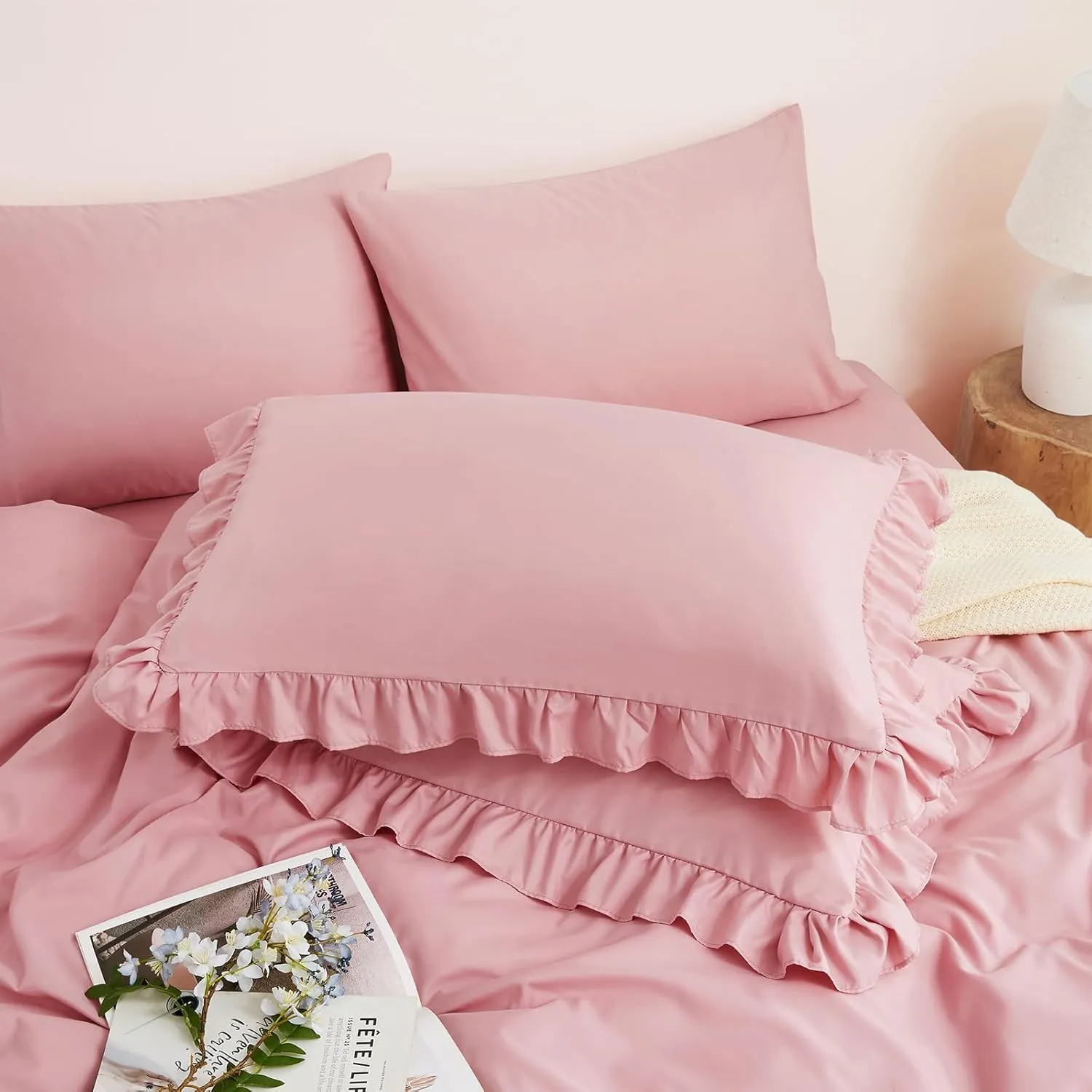 Horbaunal Dusty Pink Ruffle Sheets Full Size 6 Piece, Fits 16" Deep Mattress, Microfiber Pink Full Sheets with 2 Ruffled Pillowcases, Shabby Chic Bed Sheet Set