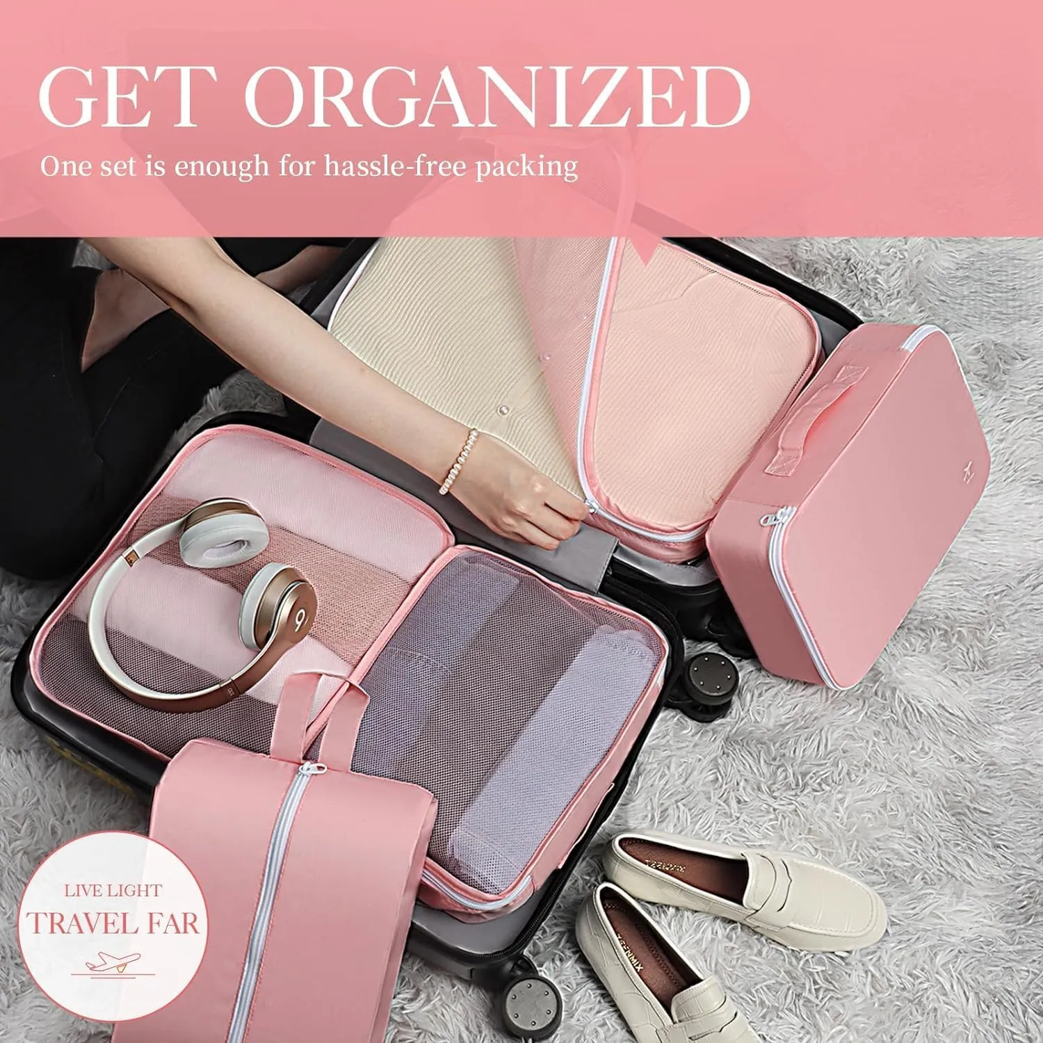 HOTOR Packing Cubes for Suitcases - 6 Pieces, Light Packing Cubes for Travel, Premium Suitcase Organizer Bags Set, Space-Saving Luggage Organizers, Travel Accessories and Essentials, Pink