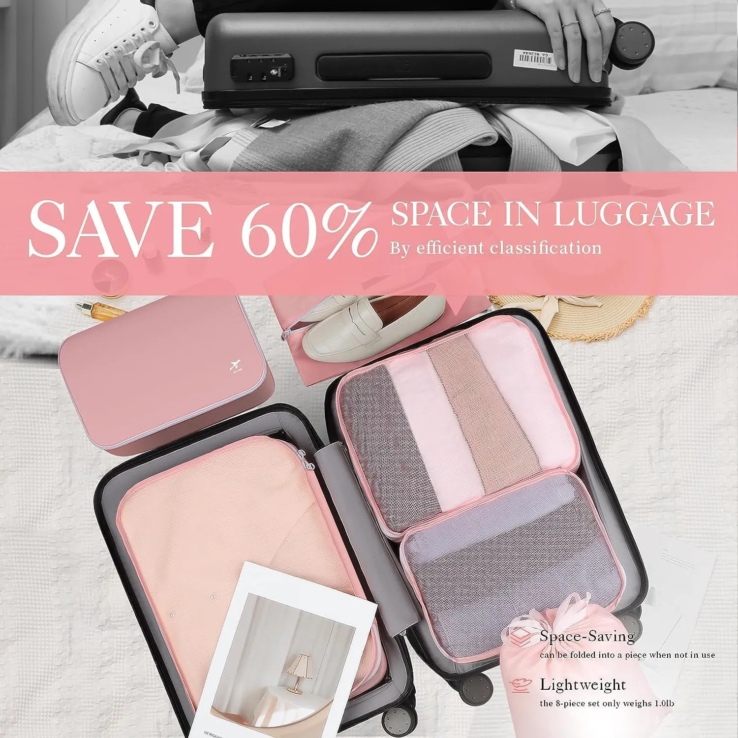 HOTOR Packing Cubes for Suitcases - 6 Pieces, Light Packing Cubes for Travel, Premium Suitcase Organizer Bags Set, Space-Saving Luggage Organizers, Travel Accessories and Essentials, Pink
