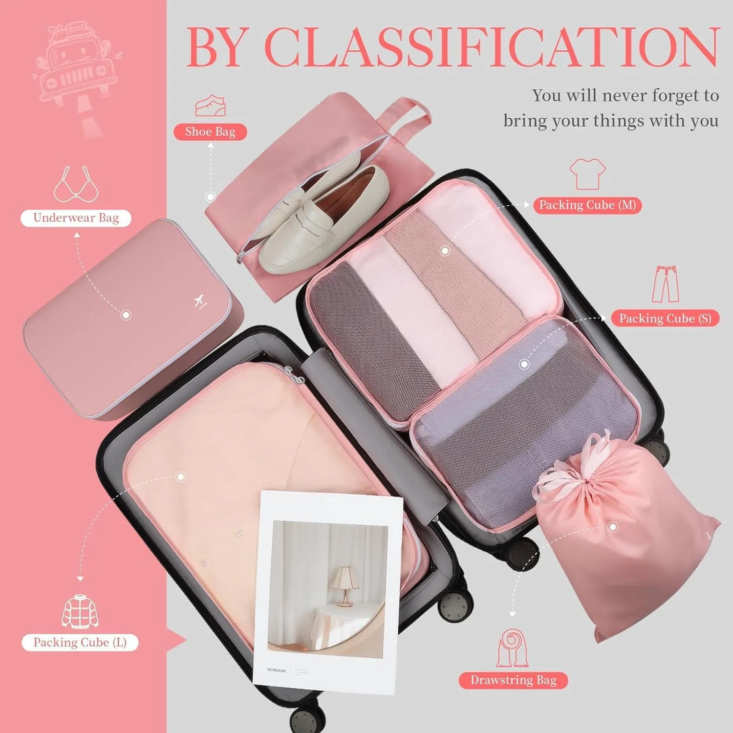 HOTOR Packing Cubes for Suitcases - 6 Pieces, Light Packing Cubes for Travel, Premium Suitcase Organizer Bags Set, Space-Saving Luggage Organizers, Travel Accessories and Essentials, Pink