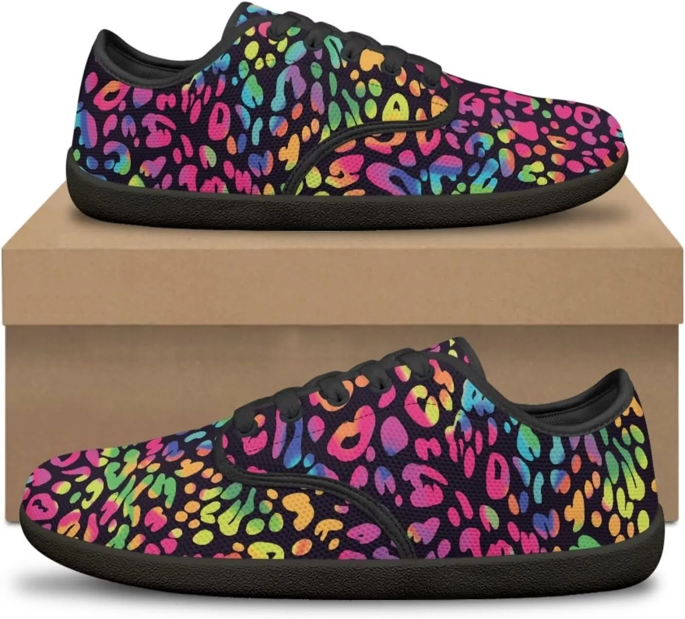 Howilath Leopard Print Barefoot Shoes Women Lace up Shoes Lightweight Flat Shoes Breathable Sneakers
