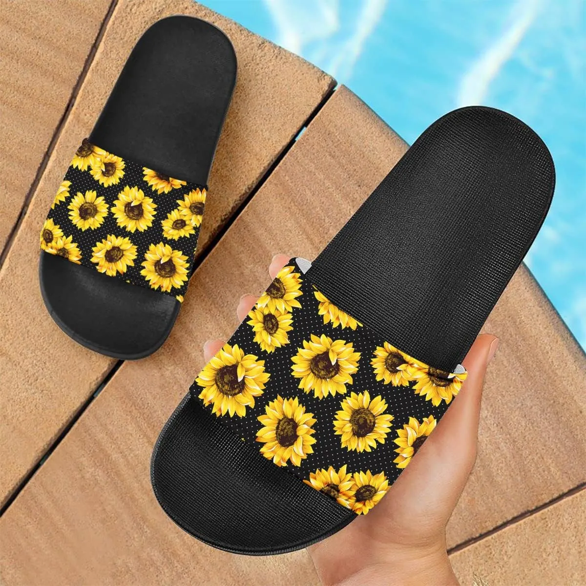 Howilath Novelty Sunflowers Pattern Slide Sandals for Women Girls, Comfotable Open Toe Non Slip Single Band Slide Sandals