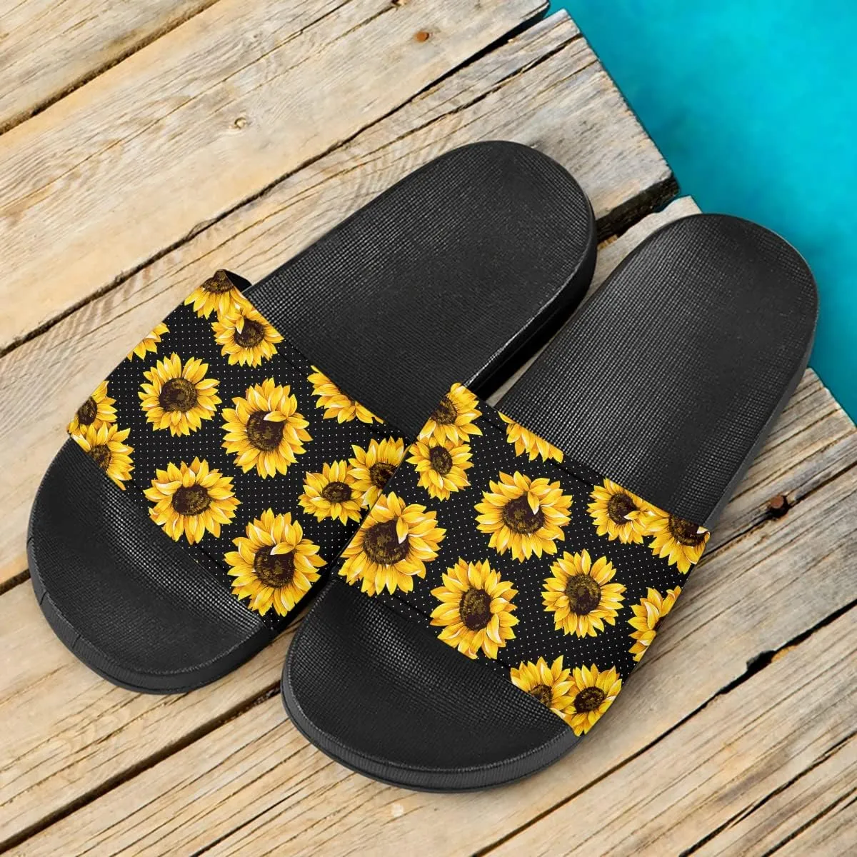 Howilath Novelty Sunflowers Pattern Slide Sandals for Women Girls, Comfotable Open Toe Non Slip Single Band Slide Sandals