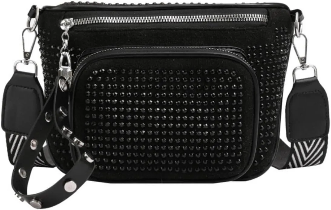 IAMUHI Women Vegan Leather Fanny Pack Rhinestone Cross Chest Bag Rivets Shoulder Handbag Purse Waist Bag with Wristlet,Black