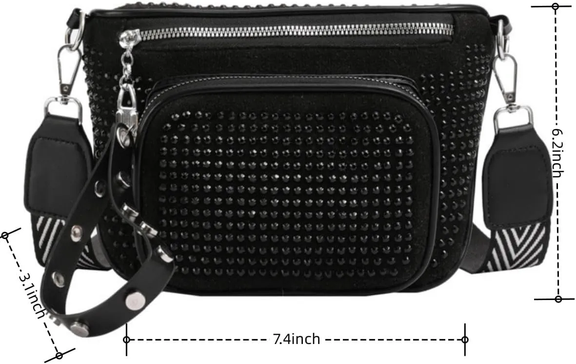 IAMUHI Women Vegan Leather Fanny Pack Rhinestone Cross Chest Bag Rivets Shoulder Handbag Purse Waist Bag with Wristlet,Black