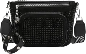 IAMUHI Women Vegan Leather Fanny Pack Rhinestone Cross Chest Bag Rivets Shoulder Handbag Purse Waist Bag with Wristlet,Black