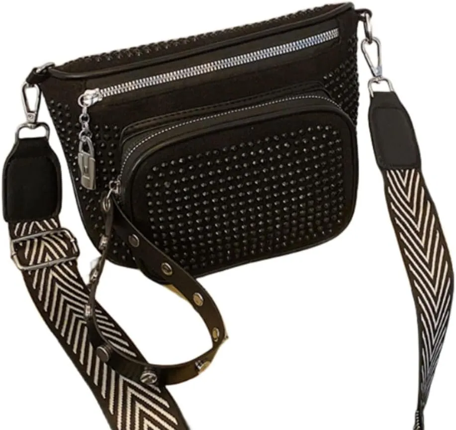 IAMUHI Women Vegan Leather Fanny Pack Rhinestone Cross Chest Bag Rivets Shoulder Handbag Purse Waist Bag with Wristlet,Black