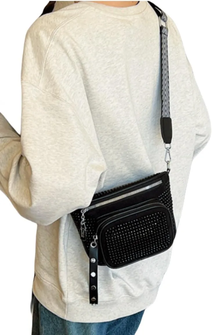 IAMUHI Women Vegan Leather Fanny Pack Rhinestone Cross Chest Bag Rivets Shoulder Handbag Purse Waist Bag with Wristlet,Black