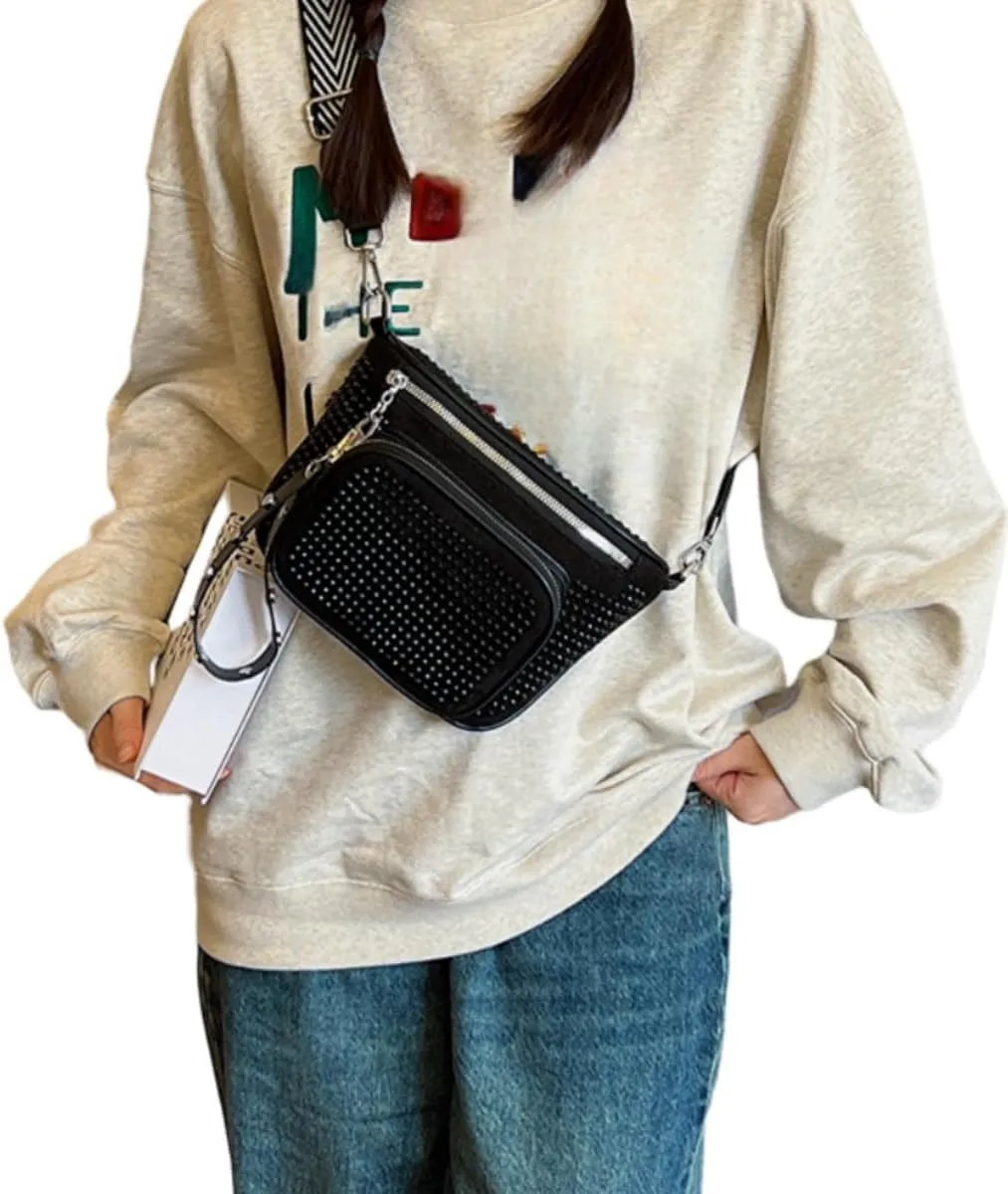 IAMUHI Women Vegan Leather Fanny Pack Rhinestone Cross Chest Bag Rivets Shoulder Handbag Purse Waist Bag with Wristlet,Black