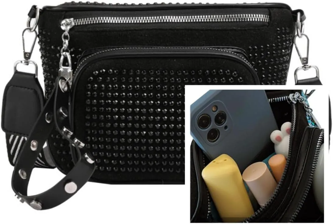 IAMUHI Women Vegan Leather Fanny Pack Rhinestone Cross Chest Bag Rivets Shoulder Handbag Purse Waist Bag with Wristlet,Black