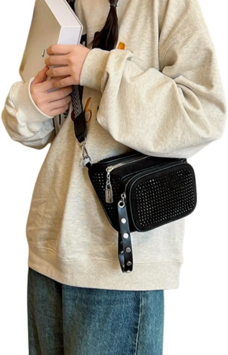 IAMUHI Women Vegan Leather Fanny Pack Rhinestone Cross Chest Bag Rivets Shoulder Handbag Purse Waist Bag with Wristlet,Black