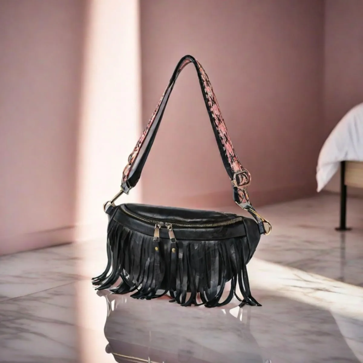 IAMUHI Womens Tassel Fanny Pack Vegan Leather Cross Chest Bag Retro Fringed Shoulder Handbag Purse Guitar Strap Waist Bag,Black