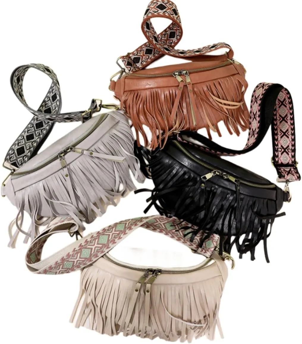 IAMUHI Womens Tassel Fanny Pack Vegan Leather Cross Chest Bag Retro Fringed Shoulder Handbag Purse Guitar Strap Waist Bag,Black
