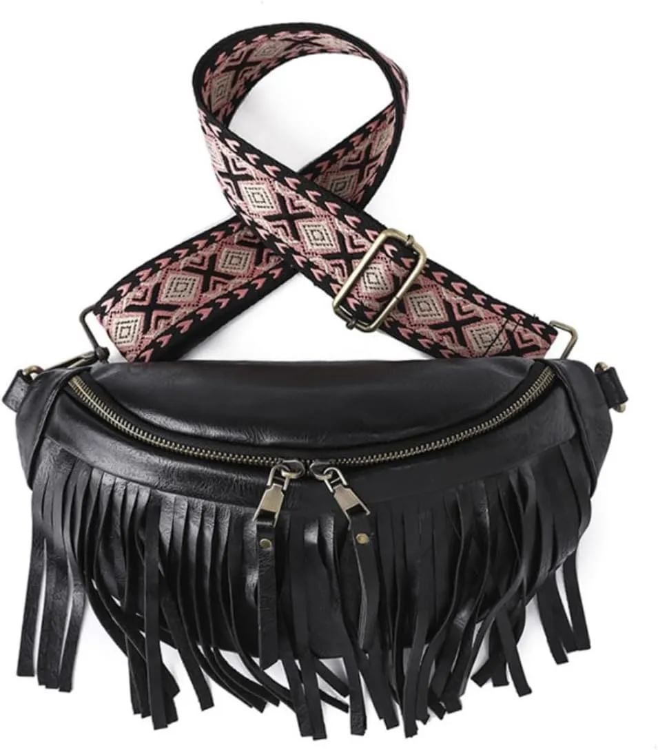 IAMUHI Womens Tassel Fanny Pack Vegan Leather Cross Chest Bag Retro Fringed Shoulder Handbag Purse Guitar Strap Waist Bag,Black