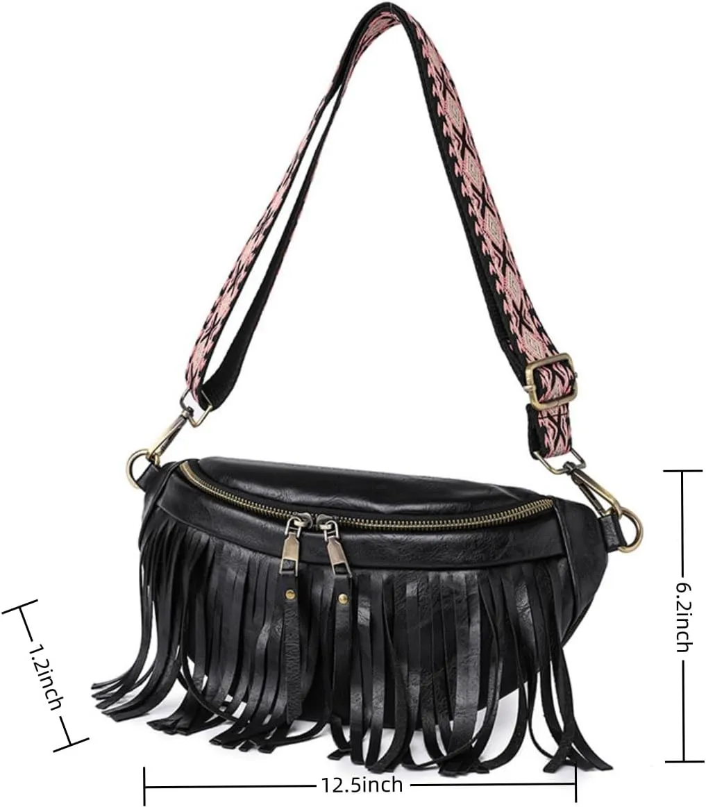 IAMUHI Womens Tassel Fanny Pack Vegan Leather Cross Chest Bag Retro Fringed Shoulder Handbag Purse Guitar Strap Waist Bag,Black