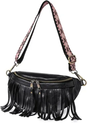 IAMUHI Womens Tassel Fanny Pack Vegan Leather Cross Chest Bag Retro Fringed Shoulder Handbag Purse Guitar Strap Waist Bag,Black