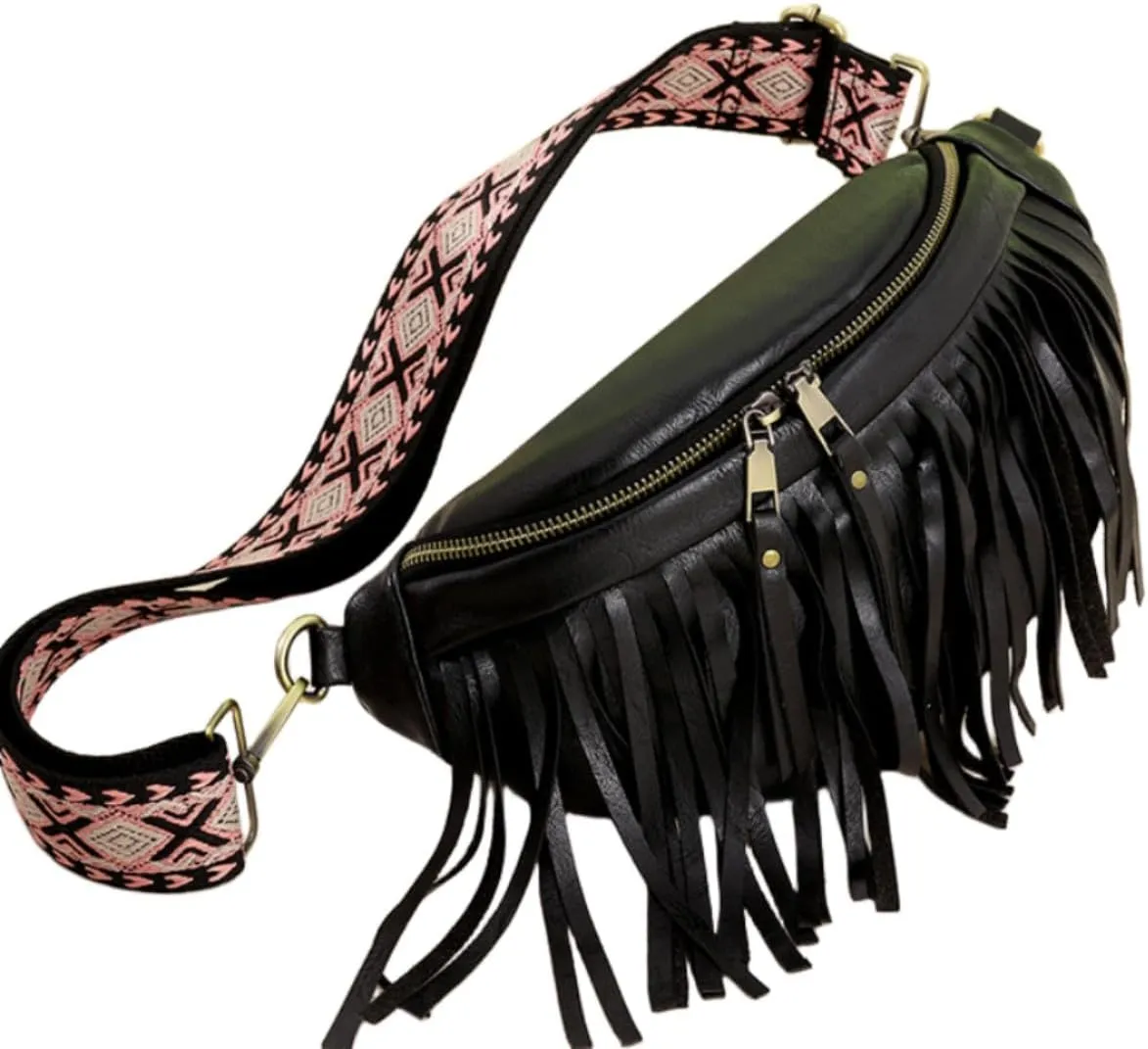IAMUHI Womens Tassel Fanny Pack Vegan Leather Cross Chest Bag Retro Fringed Shoulder Handbag Purse Guitar Strap Waist Bag,Black