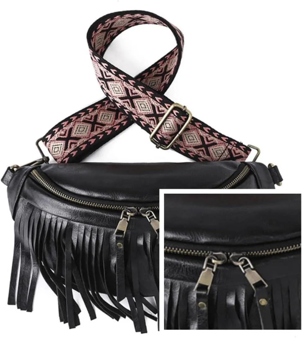 IAMUHI Womens Tassel Fanny Pack Vegan Leather Cross Chest Bag Retro Fringed Shoulder Handbag Purse Guitar Strap Waist Bag,Black