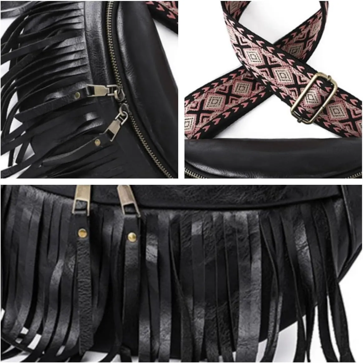 IAMUHI Womens Tassel Fanny Pack Vegan Leather Cross Chest Bag Retro Fringed Shoulder Handbag Purse Guitar Strap Waist Bag,Black