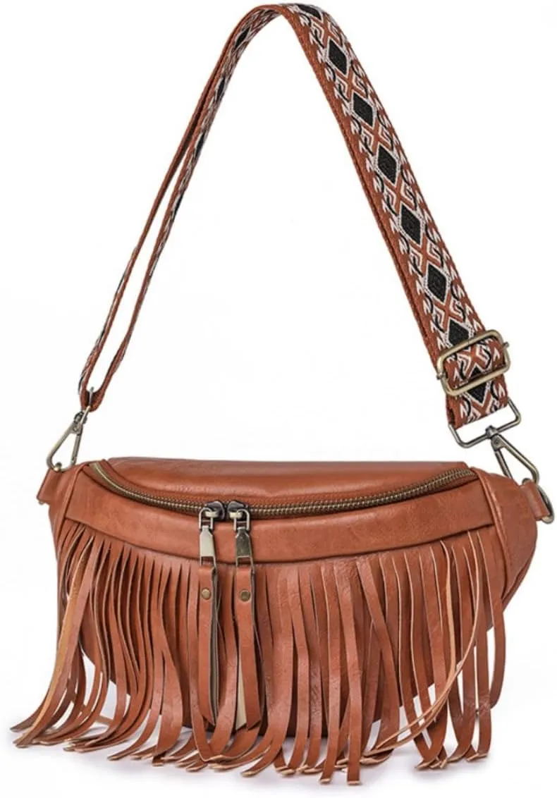 IAMUHI Womens Tassel Fanny Pack Vegan Leather Cross Chest Bag Retro Fringed Shoulder Handbag Purse Guitar Strap Waist Bag,Brown
