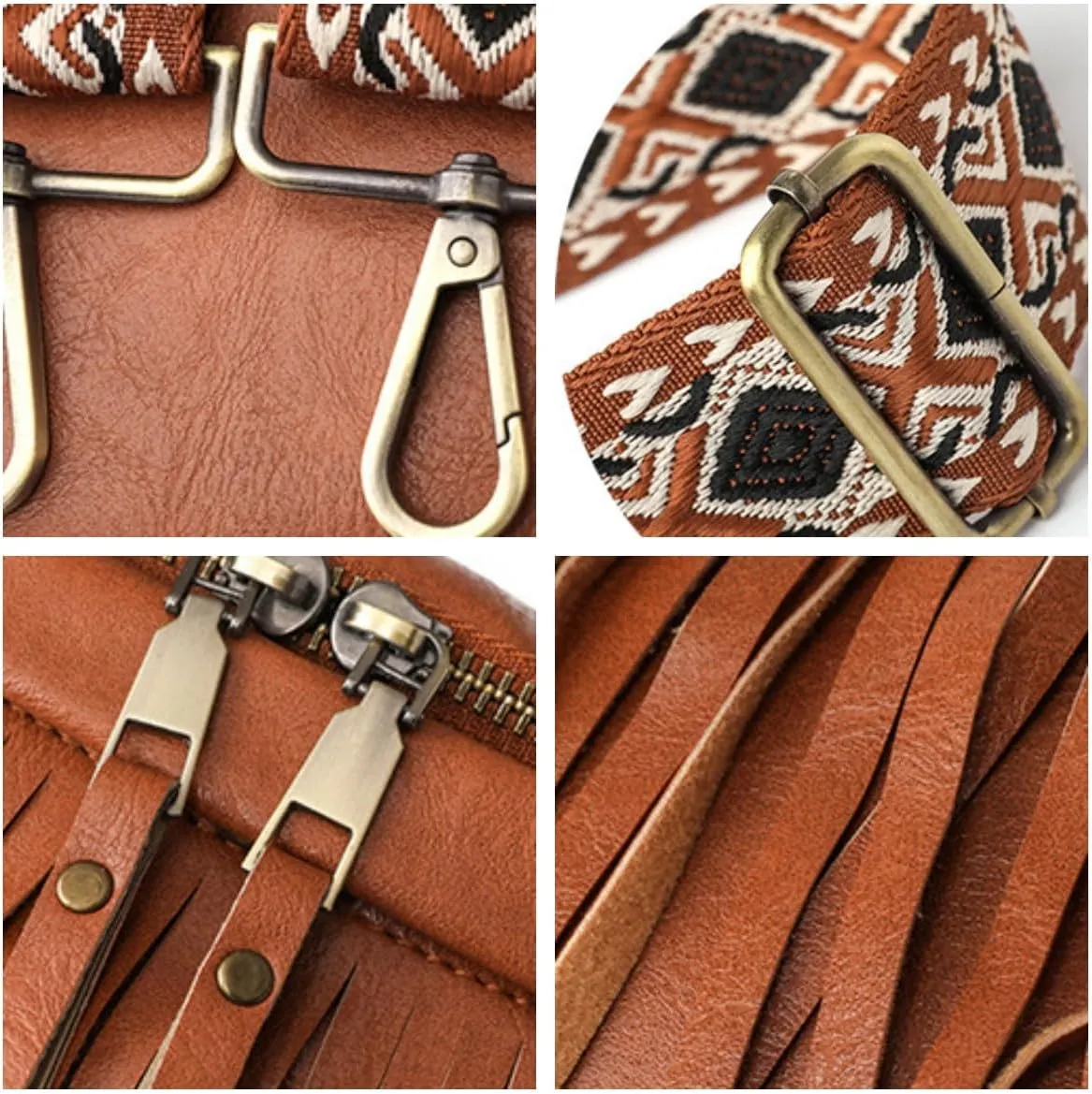IAMUHI Womens Tassel Fanny Pack Vegan Leather Cross Chest Bag Retro Fringed Shoulder Handbag Purse Guitar Strap Waist Bag,Brown