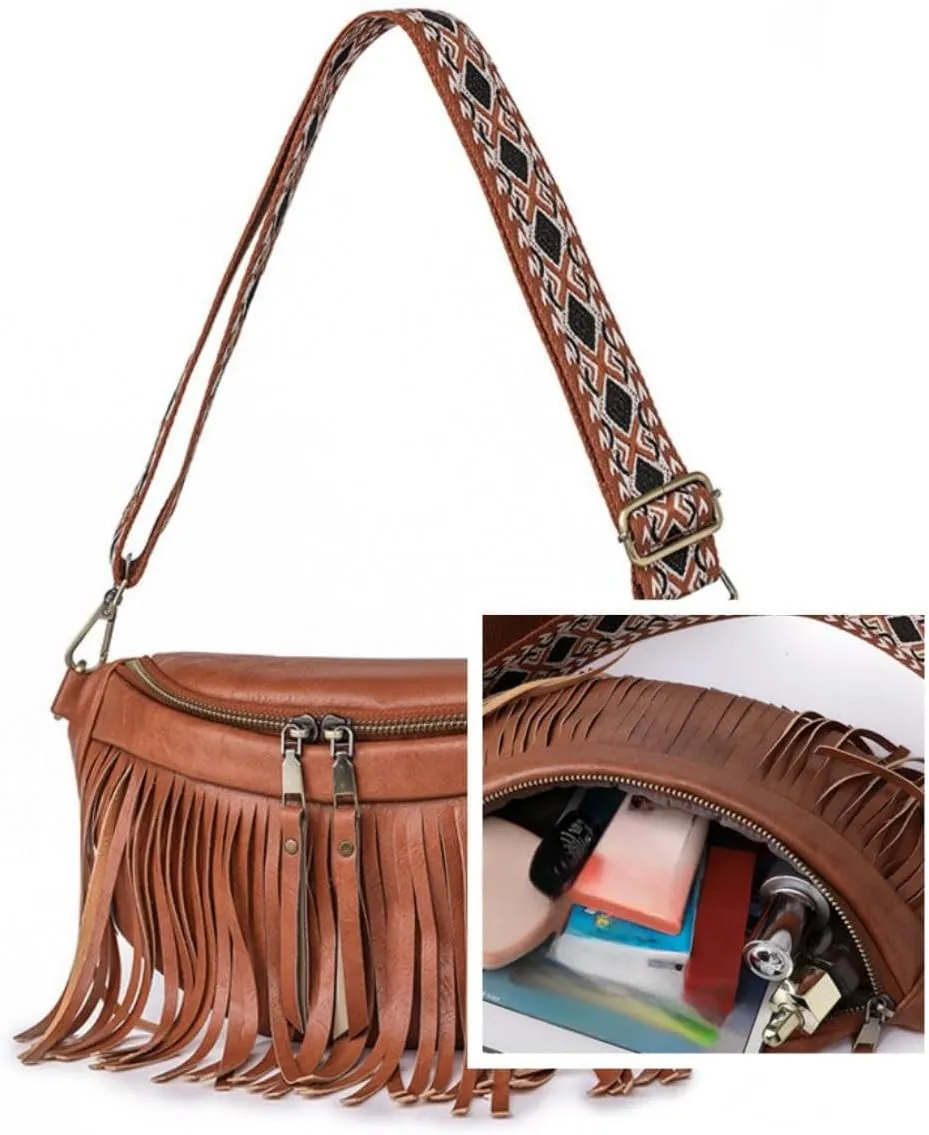 IAMUHI Womens Tassel Fanny Pack Vegan Leather Cross Chest Bag Retro Fringed Shoulder Handbag Purse Guitar Strap Waist Bag,Brown