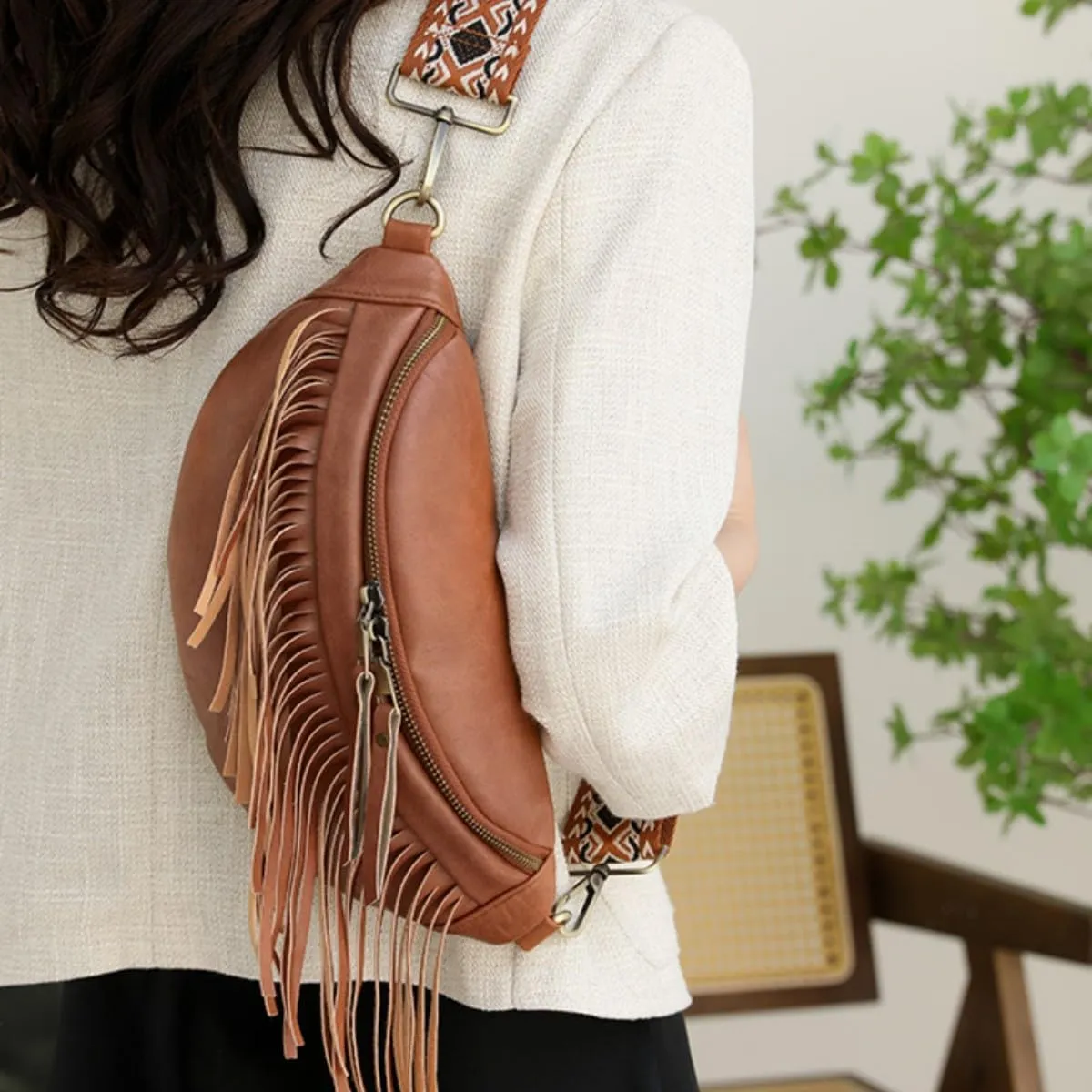 IAMUHI Womens Tassel Fanny Pack Vegan Leather Cross Chest Bag Retro Fringed Shoulder Handbag Purse Guitar Strap Waist Bag,Brown