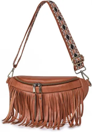 IAMUHI Womens Tassel Fanny Pack Vegan Leather Cross Chest Bag Retro Fringed Shoulder Handbag Purse Guitar Strap Waist Bag,Brown