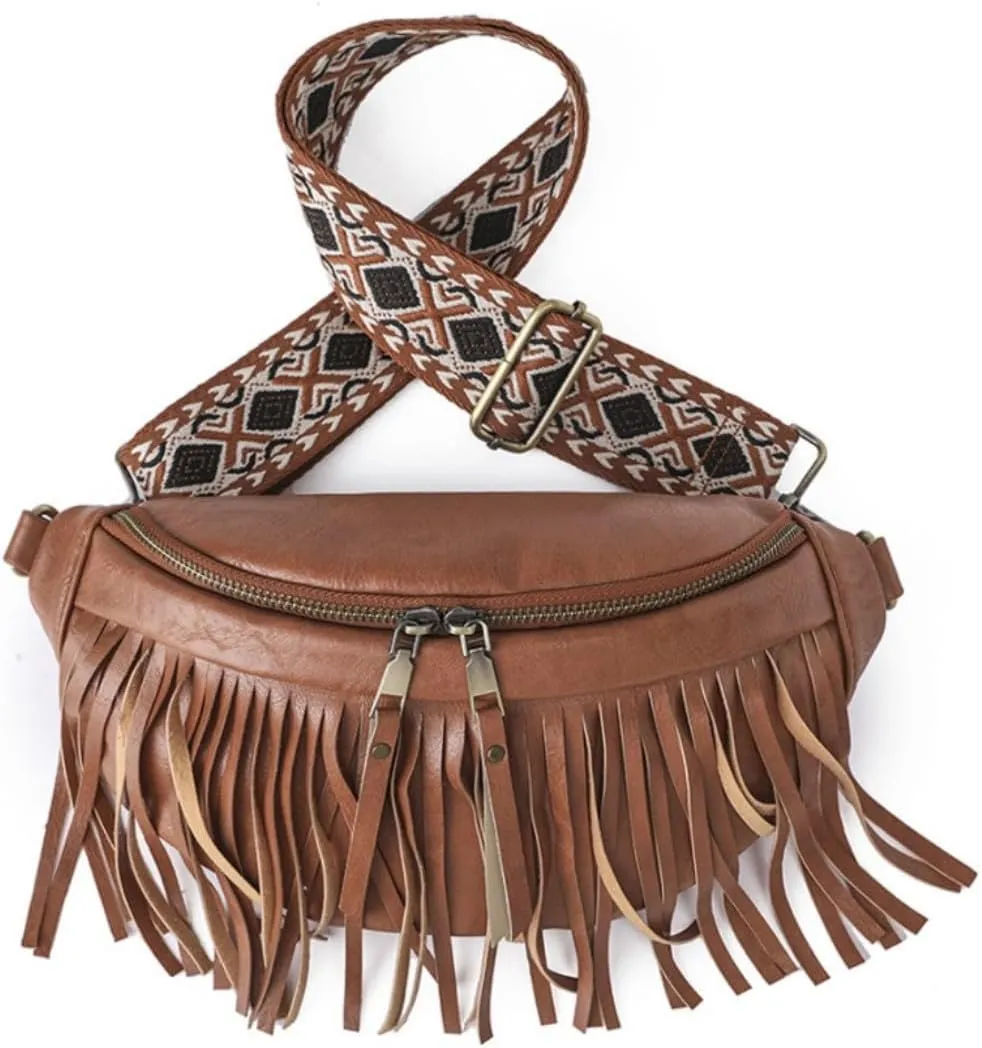 IAMUHI Womens Tassel Fanny Pack Vegan Leather Cross Chest Bag Retro Fringed Shoulder Handbag Purse Guitar Strap Waist Bag,Brown