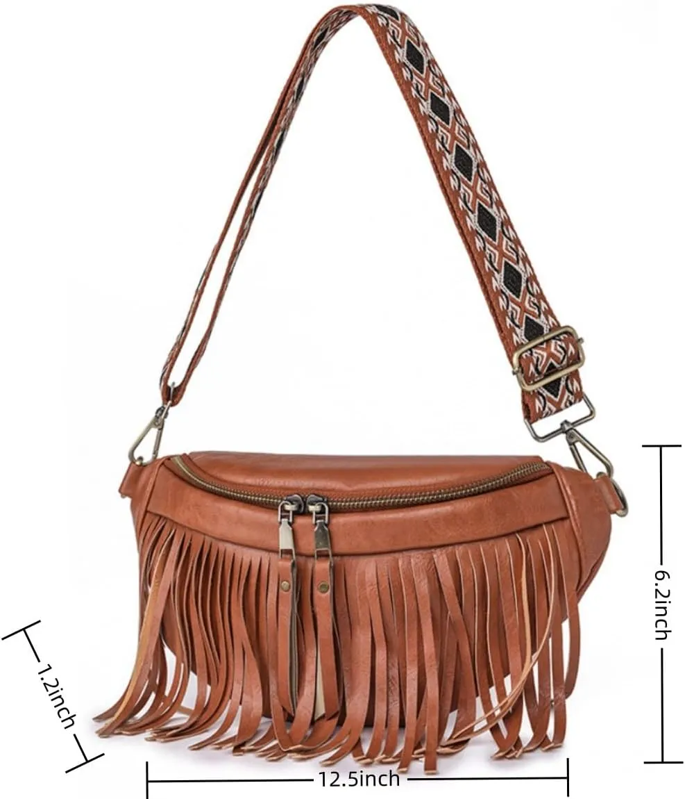 IAMUHI Womens Tassel Fanny Pack Vegan Leather Cross Chest Bag Retro Fringed Shoulder Handbag Purse Guitar Strap Waist Bag,Brown