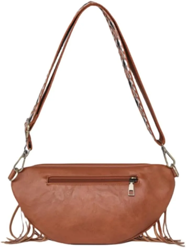 IAMUHI Womens Tassel Fanny Pack Vegan Leather Cross Chest Bag Retro Fringed Shoulder Handbag Purse Guitar Strap Waist Bag,Brown