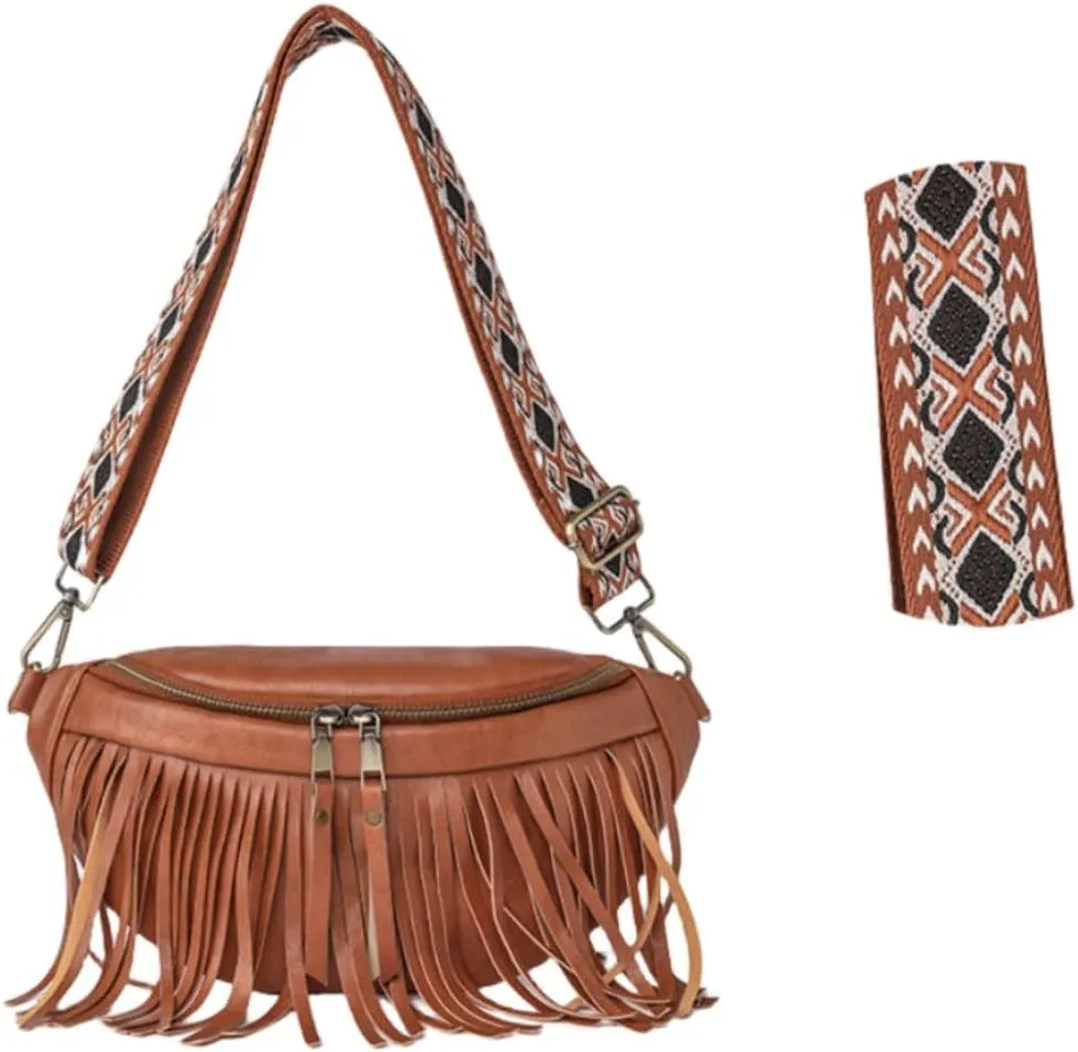 IAMUHI Womens Tassel Fanny Pack Vegan Leather Cross Chest Bag Retro Fringed Shoulder Handbag Purse Guitar Strap Waist Bag,Brown