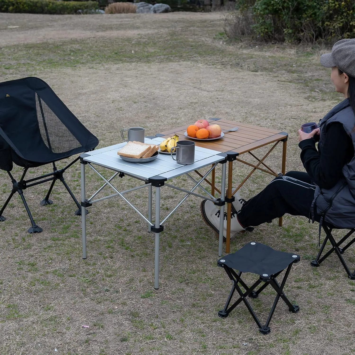 iClimb Lightweight Stable Alu. Folding Square Table Roll Up Top with Carry Bag for Camping Picnic Backyards BBQ Camp Kitchen (Black, M)
