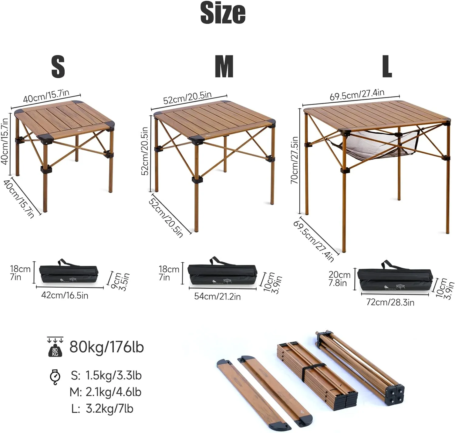 iClimb Lightweight Stable Alu. Folding Square Table Roll Up Top with Carry Bag for Camping Picnic Backyards BBQ Camp Kitchen (Black, S)