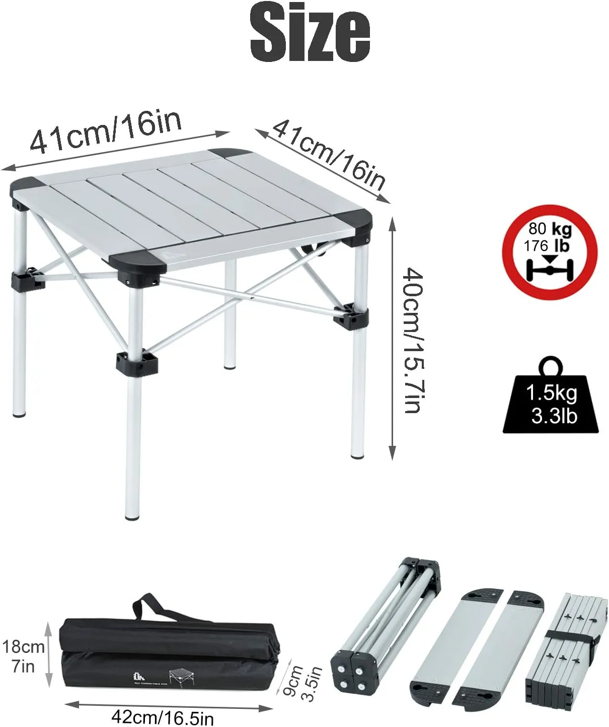 iClimb Lightweight Stable Alu. Folding Square Table Roll Up Top with Carry Bag for Camping Picnic Backyards BBQ Camp Kitchen (Silver, S)