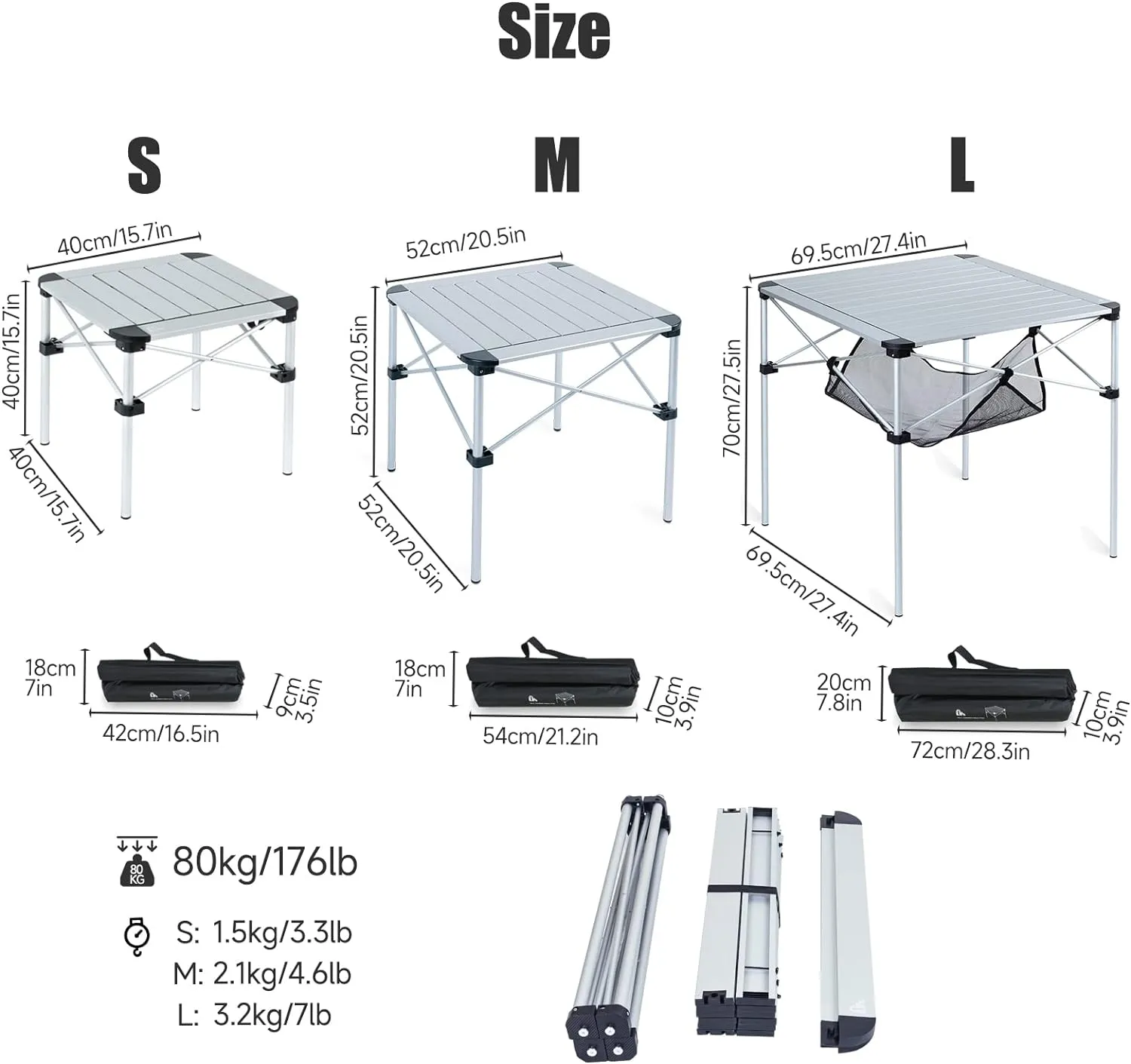 iClimb Lightweight Stable Alu. Folding Square Table Roll Up Top with Carry Bag for Camping Picnic Backyards BBQ Camp Kitchen (Silver, S)