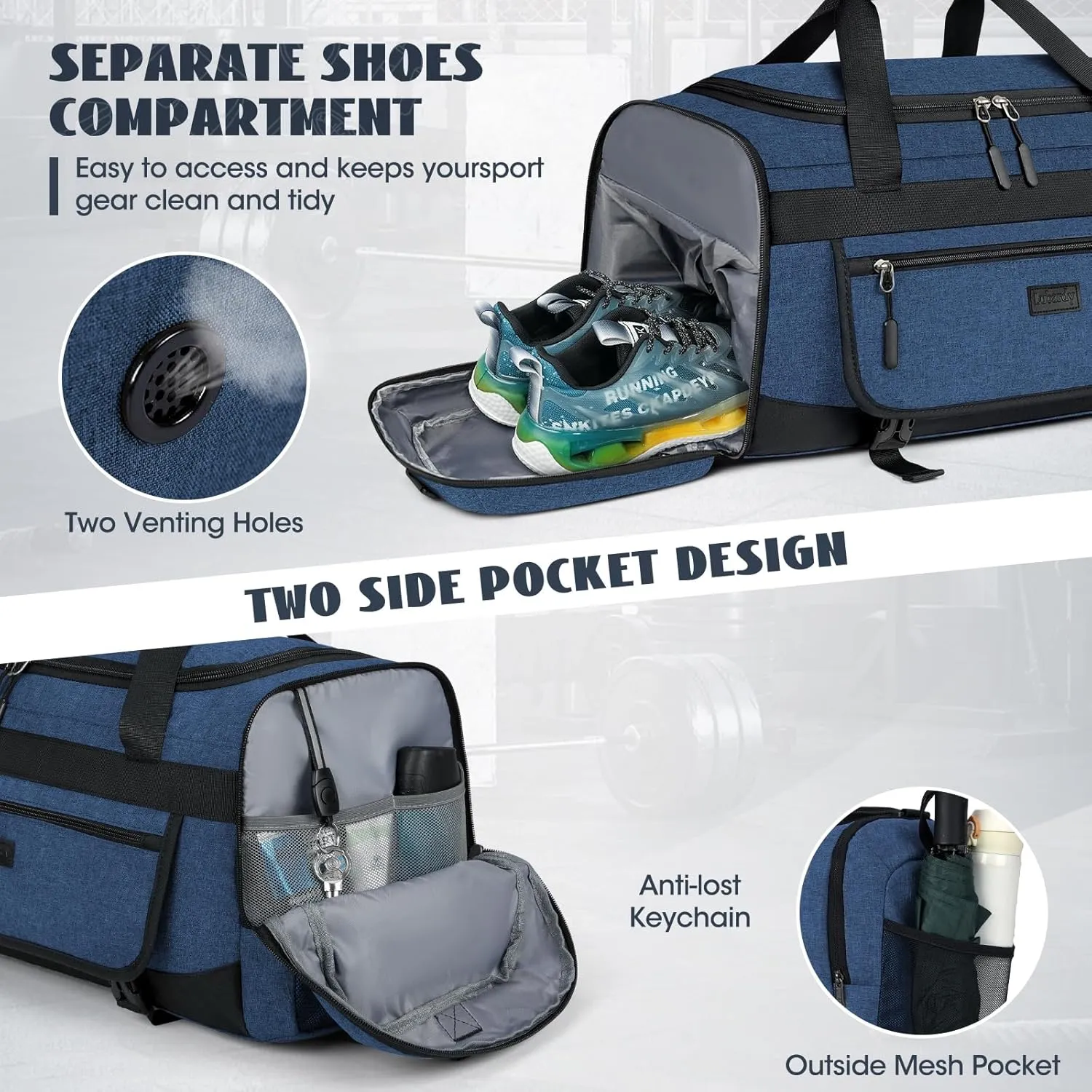 IGOLUMON Gym Bag for Men 40L Sports Duffel Bags Gym Duffle Bag Women with Shoe Compartment & Wet Pocket Water Resistant Travel Duffel Bag Lightweight Weekender Overnight Bag Blue