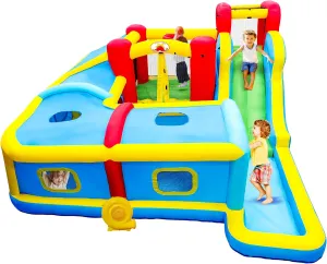 Inflatable Bounce House with Blower, Bouncy Castle with Rock Climbing, Jumping Area and Ball Pit, Long Tunnel