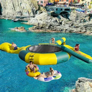 Inflatable Water Lake Trampoline, Inflatable Bounce Swimming Platform with Slide Tube and Diving Pillow Bag, Water Park Water Floating Toys for Adults and Kids