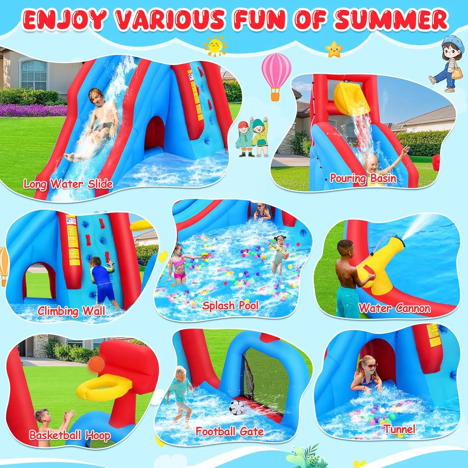 Inflatable Water Slide, 8-in-1 Waterpark with Tunnel, Soccer Goal & Basketball Hoop, 14.2x10.7x8.9FT w/Long Slide, Pouring Basin, Water Cannon, Climbing Wall & Splash Pool for Backyard Outdoor
