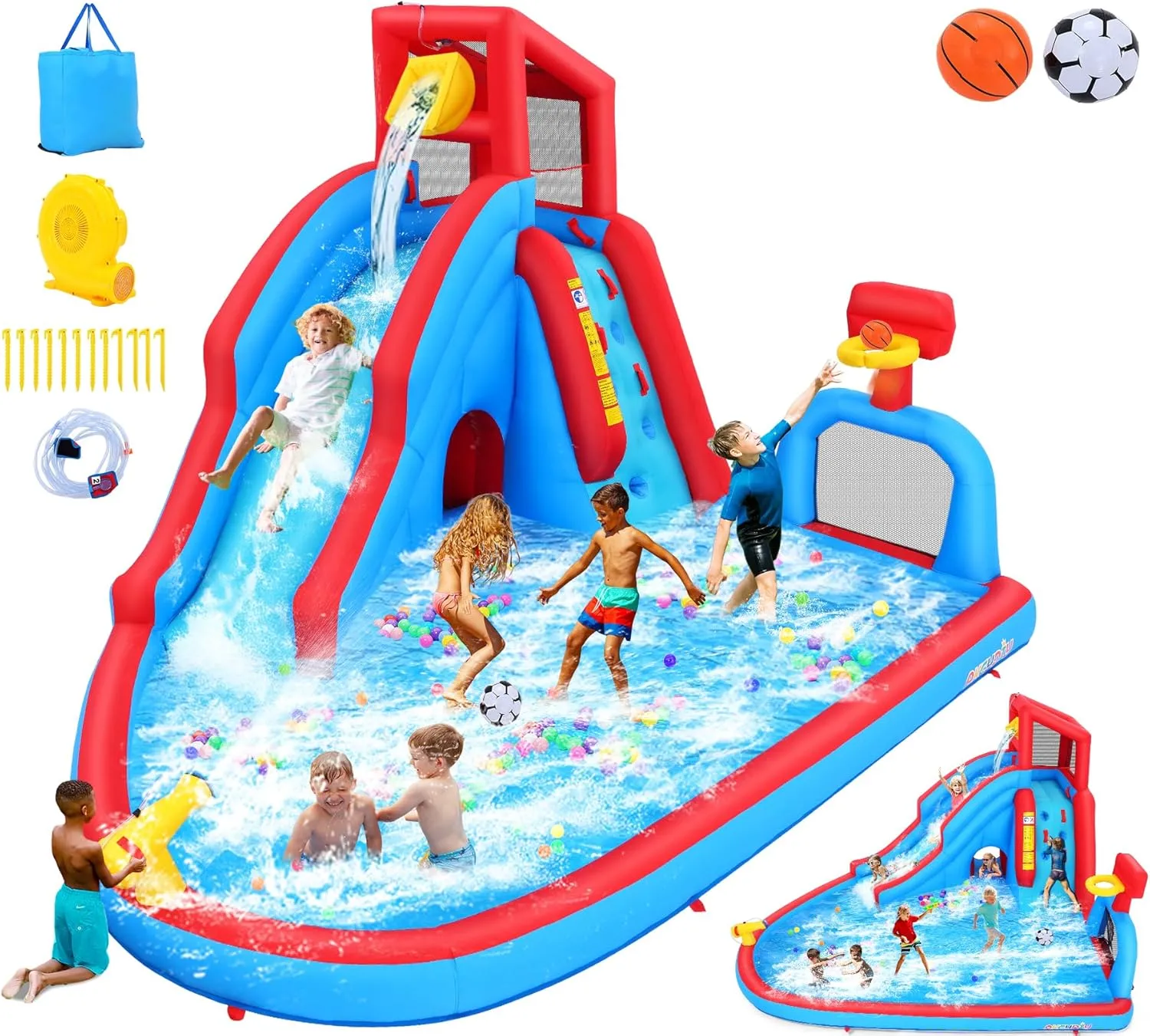 Inflatable Water Slide, 8-in-1 Waterpark with Tunnel, Soccer Goal & Basketball Hoop, 14.2x10.7x8.9FT w/Long Slide, Pouring Basin, Water Cannon, Climbing Wall & Splash Pool for Backyard Outdoor