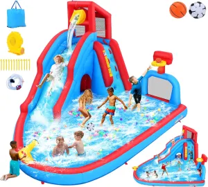 Inflatable Water Slide, 8-in-1 Waterpark with Tunnel, Soccer Goal & Basketball Hoop, 14.2x10.7x8.9FT w/Long Slide, Pouring Basin, Water Cannon, Climbing Wall & Splash Pool for Backyard Outdoor