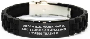 Inspirational Fitness Trainer Motivational Quote Glide lock Clasp Adjustable Black Stainless Steel Silicone Charm Jewelry for Fitness Enthusiasts Gifts from Mom to Fitness Trainer on Birthday