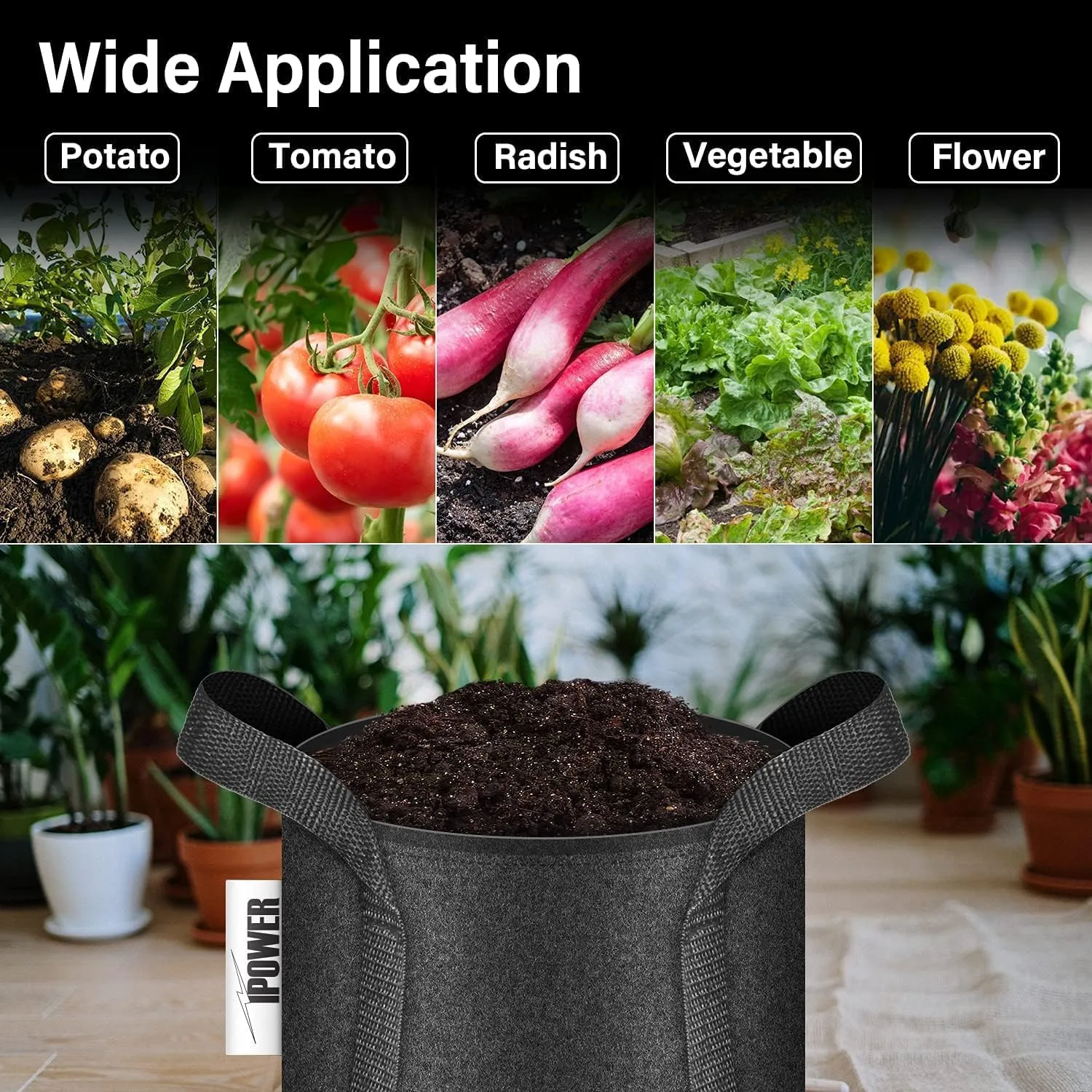 iPower 7 Gallon 5 Pack Grow Bags Nonwoven Fabric Pots Aeration Container with Strap Handles for Garden and Planting, 5-Pack Black, 7 Gallon
